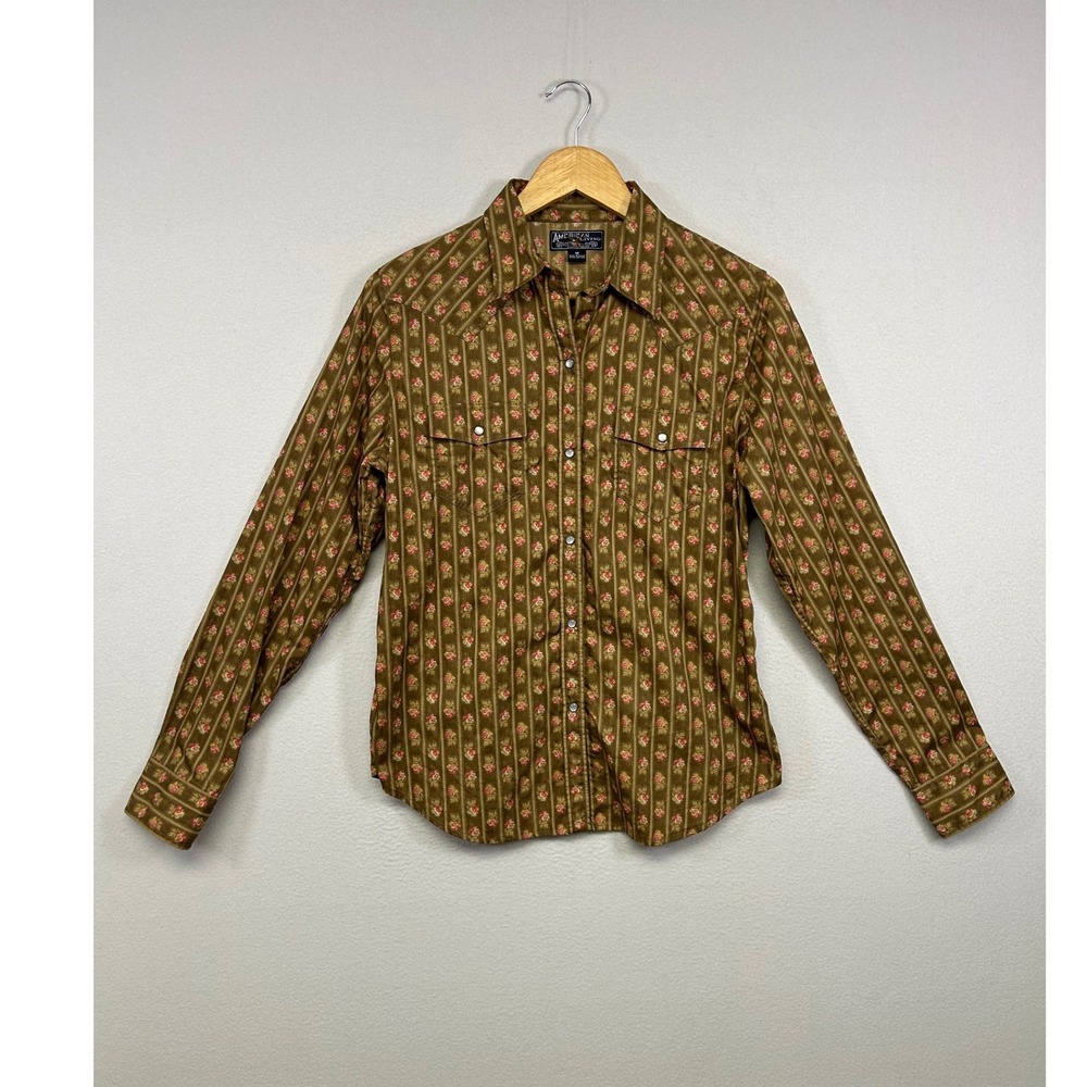 Western Cottagecore American Living‎ Women Medium Brown Floral Pearl Snap Shirt